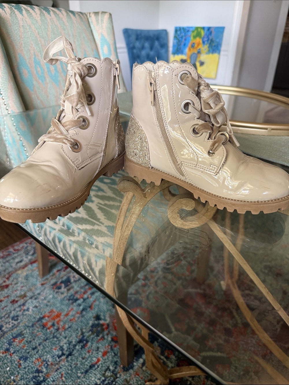 Kids Cream Patent Combat Boots with Glitter Heel